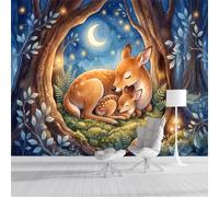 CAEITLRSO Papier Peint Panoramique Conte De Fées Guérisseur Dessin Animé, Cerf Lune Forêt Fresque Murale Soie - Décoration Murale Pour Salon, Chambre, Bureau - Marron Bleu, 350x256cm (non adhésif)
