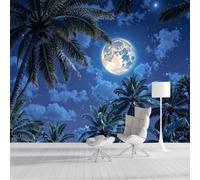 CAEITLRSO Papier Peint Panoramique Rêveur Bord De Mer, Lune Ciel Nocturne Cocotier Fresque Murale Soie - Décoration Murale Pour Salon, Chambre, Bureau - Bleu Glacier, 350x256cm (non adhésif)