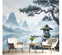 CAEITLRSO Papier Peint Paysage Peint À L'Encre De Chine 3D Panoramique Mural,Lanternes En Pierre Petits Bateaux Papier Peint en soie Poster 200x140cm Décoration Murale Salon Chambre, Gris Clair