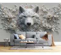 CAEITLRSO Papier Peint Soie Classique Animal, 450x315cm Papier Peint Panoramique Grandes poster Mural Photo pour Salon, Chambre, Décor Fond TV, Relief Loup Blanc Fleurs, Gris Clair