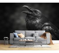 CAEITLRSO Papier Peint Soie Gros Plan Sombre Animal, 200x140cm Papier Peint Panoramique Grandes poster Mural Photo pour Salon, Chambre, Décor Fond TV, Corbeau Regardant Vers Le Haut, Noir Charbon