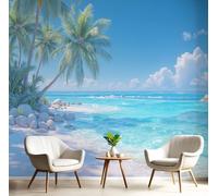 CAEITLRSO Papier Peint soie Style Station Balnéaire Tropicale 450x315cm Papier Peint Panoramique Grandes poster Mural Photo pour Salon, Chambre, Décor Fond TV, Îles Tropicales Plage, Bleu Clair