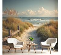 CAEITLRSO Papier Peint soie Style Tropical Côtier 400x280cm Papier Peint Panoramique Grandes poster Mural Photo pour Salon, Chambre, Décor Fond TV, Plage Sentier De Plage Algues, Jaune Sable