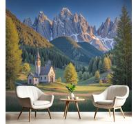 CAEITLRSO Papier Peint Style Nordique Campagnard 3D Panoramique Mural,Montagnes Forêts Églises Enneigées Papier Peint en soie Poster 200x140cm Décoration Murale Salon Chambre, Gazon Vert