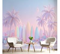 CAEITLRSO Papier Peint Style Rêveur Macaron Panoramique 3D Plage Planche De Surf Palmier Papier Peint Soie Murale Salon Chambre à Coucher Maison Décoration Intérieure, 300x210cm, Rose Clair