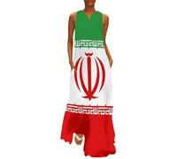 CAEITLRSO Robe d’été Femme sans Manches, Col en V Imprimé Drapeau Islam Iranien Robe Longue Décontractée avec Poches, Grande Taille Chic Robes Plage Cocktail Estivale