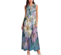 CAEITLRSO Robe de Plage Longue Femme Peinture À l'huile De Luxe, Robe Fleurs Impressionnistes Col en V Robes de Plage Ete Volants sans Manche Maxi Robes avec Poches