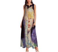 CAEITLRSO Robe de Plage Longue Femme Pop Art Robe Fleurs Belles Femmes Col en V Robes de Plage Ete Volants sans Manche Maxi Robes avec Poches