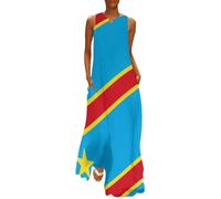 CAEITLRSO Robe Longue Femme Ete Col en V, Robe D'été Drapeau de République Démocratique du Congo sans Manches avec Poches, Fierté Nationale Tailles Légère Fluide pour Plage été