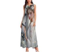 CAEITLRSO Robe Maxi D'été Femme Cheval Blanc Fille, Décontracté Robes de Plage Frais Pastoral, sans Manches Casual Longue Robe Grande Taille Col V Robes avec Poches