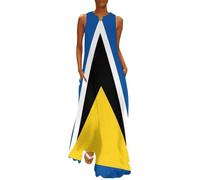 CAEITLRSO Robes Drapeau de Sainte-Lucie pour Femmes, Robe Longue sans Manches à Col en V, Robe D'été Couleurs Vives du Drapeau Décontractée, Longue Et Fluide