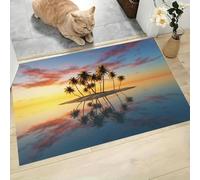 CAEITLRSO Tapis de Porte Tropical Côtier Paillasson Île Coconut Coucher De Soleil 40x60cm Absorbe l'eau et Ramasse La Saleté Facile à Nettoyer Tapis pour Couloir, Entrée, Cuisine, Orange Bleu