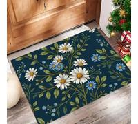 CAEITLRSO Tapis Entree Interieur, Paillasson Lavable en Machine, Vintage Floral, Marguerite Florence, à Poils Courts, Antidérapant et Doux, Idéal pour Couloir, entrée ou Cuisine, Blanc Bleu, 80x120cm