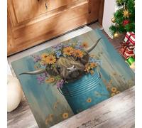 CAEITLRSO Tapis Salon Lavable en Machine, Pâturages Campagne Tapis de Chambre à Poils Courts, Fleurs Sauvages Bovins des Hautes Terres Antidérapant et Doux, Idéal pour Bureau, Bleu Brun, 40x60cm