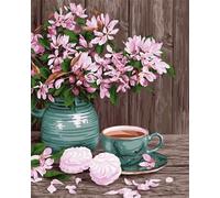 Café Bouquet Rose Peinture Numero Adulte,sans Cadre DIY Kit de Peinture à l'Huile sur Toile pour Débutants avec Pinceaux et Acryliques pour Décoration D'Intérieur 30x40 cm