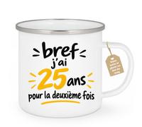 Café-Croissant - Mug Anniversaire 50 Ans Original - Blanc/Emaille | Bref j'ai 25 ans pour la deuxième fois, Idée Cadeau Rigolo Femme