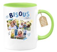 Café-Croissant - Mug Bisous Papi Avec Photos De Famille - Vert/Céramique | Mug Cadeau Pour Papi Avec Photos De Famille