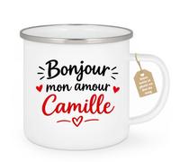 Café-Croissant - Mug Bonjour Mon Amour, Cadeau Romantique - Blanc/Emaille | Mug en céramique design Bonjour mon amour