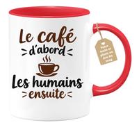 Café-Croissant - Mug Café D'abord, Humains Ensuite Humour Original - Rouge/ | Mug humoristique pour amateurs de café matinaux