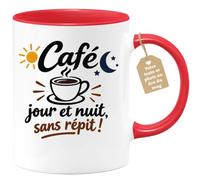 Café-Croissant - Mug Café Jour Et Nuit, Sans Répit ! - Rouge/Céramique | Mug en céramique pour amateurs de café jour et nuit