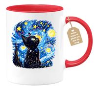 Café-Croissant - Mug Chat Étoilé Inspiré Van Gogh - Rouge/Céramique | Mug avec design de chat inspiré par Van Gogh