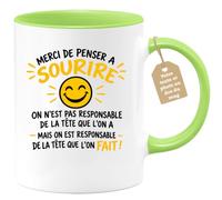 Café-Croissant - Mug Humour Merci De Penser À Sourire - Vert/Céramique | Mug humoristique avec message motivant sur le sourire.