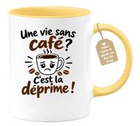 Café-Croissant - Mug Humour Une Vie Sans Café ? C'est La Déprime ! - Jaune/ | Design humoristique sur la dépendance au café. Idéal pour les amateurs de caféine.