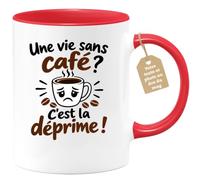 Café-Croissant - Mug Humour Une Vie Sans Café ? C'est La Déprime ! - Rouge/ | Design humoristique sur la dépendance au café. Idéal pour les amateurs de caféine.