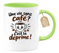 Café-Croissant - Mug Humour Une Vie Sans Café ? C'est La Déprime ! - Vert/C | Design humoristique sur la dépendance au café. Idéal pour les amateurs de caféine.