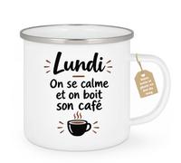 Café-Croissant - Mug Lundi On Se Calme Et On Boit Son Café - Blanc/Emaille | Mug original avec phrase pour bien commencer la semaine