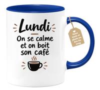 Café-Croissant - Mug Lundi On Se Calme Et On Boit Son Café - Bleu/Céramique | Mug original avec phrase pour bien commencer la semaine