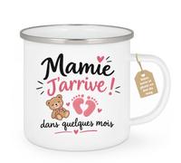 Café-Croissant - Mug Mamie J'arrive ! Dans Quelques Mois - Blanc/Emaille | Mug pour annoncer une grossesse à Mamie. Cadeau original.