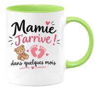 Café-Croissant - Mug Mamie J'arrive ! Dans Quelques Mois - Vert/Céramique | Mug pour annoncer une grossesse à Mamie. Cadeau original.