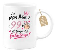 Café-Croissant - Mug Mon Âge ? 99+1 ! Cadeau Anniversaire 100 Ans - Blanc/C | Mug humoristique anniversaire pour femme, cadeau drôle 100 ans