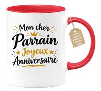 Café-Croissant - Mug Mon Cher Parrain Joyeux Anniversaire - Rouge/Céramique | Célébrez avec style avec notre mug anniversaire parrain