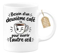 Café-Croissant - Mug Oeil Demi Ouvert Humour Café - Blanc/Céramique | Mug en céramique avec message amusant sur le café
