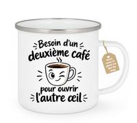 Café-Croissant - Mug Oeil Demi Ouvert Humour Café - Blanc/Emaille | Mug en céramique avec message amusant sur le café