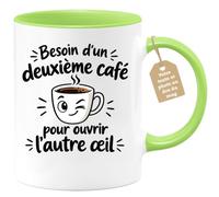 Café-Croissant - Mug Oeil Demi Ouvert Humour Café - Vert/Céramique | Mug en céramique avec message amusant sur le café