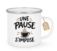 Café-Croissant - Mug Pause Détente - Une Pause S'impose - Blanc/Emaille | Mug inspirant avec texte "Une Pause S'Impose", idéal pour la maison ou le bureau.