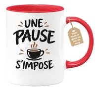 Café-Croissant - Mug Pause Détente - Une Pause S'impose - Rouge/Céramique | Mug inspirant avec texte "Une Pause S'Impose", idéal pour la maison ou le bureau.