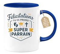 Café-Croissant - Mug Personnalisable Texte Photo Annonce Félicitations Tu | Es Promu Super Parrain - Tasse Cadeau Noël Original Baptême Demande Futur Parrain - Bleu/Céramique
