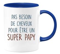 Café-Croissant - Mug Personnalisé Humour Annonce Pas Besoin De Cheveux Pour Être Un Super Papy - Cadeau Noël Original Anniversaire Futur Papy Tasse Fête Des Grand-Pères Papou Pépé - Bleu/Céramique