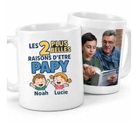 Café-Croissant - Mug Personnalisé Les 2 Plus Belles Raisons D'Être Papy | Noah Et Lucie Cadeau Tasse Pour Noël Grand-Père Précieux Futur Papou Pépé - Blanc/Céramique