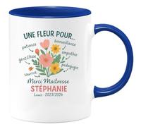 Café-Croissant - Mug Personnalisé Une Fleur Pour Ta Patience, Bienveillance, Empathie, Pédagogie, Gentillesse, Sourire, Passion Merci Maîtresse Stéphanie Cadeau Tasse Pleine De E - Bleu/Céramique