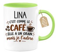 Café-Croissant - Mug Prénom Lina C'est Comme Le Café Elle A Un Grain - Vert | Mug humoristique avec phrase sur le café et Lina