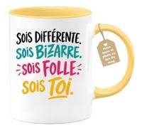 Café-Croissant - Mug Sois Différente, Sois Bizarre, Sois Folle - Jaune/Céra | Mug inspirant pour exprimer votre unicité avec style.