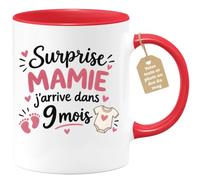 Café-Croissant - Mug Surprise Mamie J'arrive Dans 9 Mois - Rouge/Céramique | Mug avec message surprise pour annoncer une grossesse