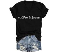 Café et Jésus T-shirt à col en V pour femme, t-shirt chrétien à manches courtes avec inscription « Coffee and Jesus », Noir , XXL