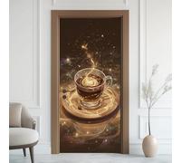 Café Fantaisie Effet 3D Sticker Porte, Lignes Doré Papier Autocollant Porte Mural Décoration, Grains de Café Stickers Muraux Amovible PVC 77x200 cm