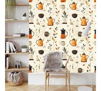 Café Théière Papier Adhesif Meuble Mat Papier Peint Mural Film Vintage Feuilles Autocollant Wallpaper Rouleau Impermeable Stickers Collant Décoration pour Cuisine Tables Armoires Mur 0.52X3 M